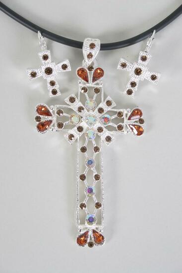 Necklace Sets Large Cross Rhinestone Smoke Topaz / Sets Smoke Topaz , Size - 18" , French Post , Cross Size - 3.5"x 2" Wide , Earring - 1"x 0.75" Wide , Extenstion Chain , Display Card & OPP Bag & UPC Code