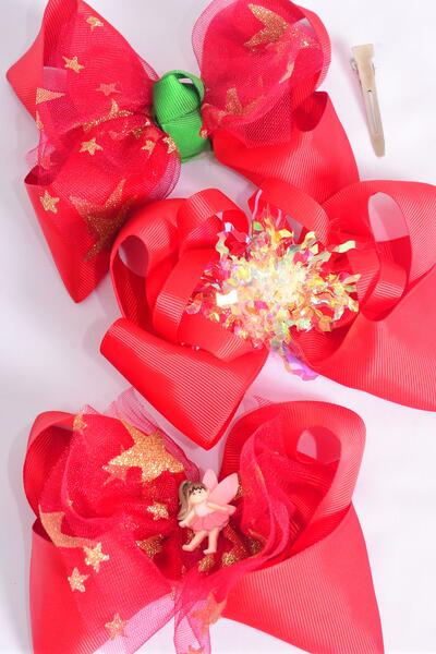 Hair Bow Jumbo Iridescent Mesh Metallic Stars Fairy Mix Grosgrain Bow-tie Red / 12 pcs Bow = Dozen Red , Alligator Clip , Size - 6" x 5" Wide , 4 of each Pattern Asst , Clip Strip & UPC Code