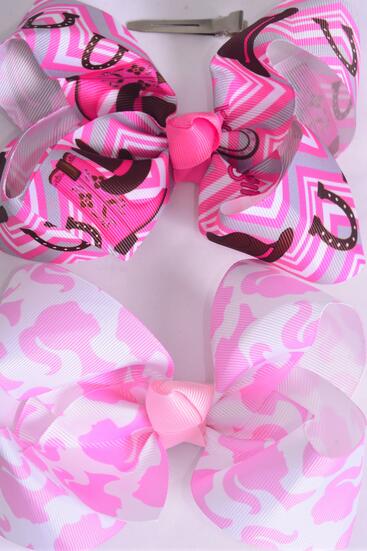 Hair Bow Jumbo Barbie Cow Girl Mix Grosgrain Bow-tie / 12 pcs Bow = Dozen  Alligator Clip , Size - 6" x 5" Wide , 6 Of each Pattern Asst , Clip Strip & UPC Code