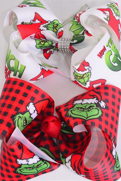 Hair Bow Jumbo Christmas Grinch Mix Grosgrain Bow-tie / 12 pcs Bow = Dozen match 01012  Grinch , Alligator Clip , Size - 6" x 5" Wide , 6 Of Each Pattern Asst , Clip Strip & UPC Code