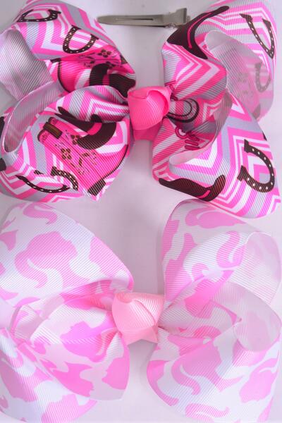 Hair Bow Jumbo Barbie Cow Girl Mix Grosgrain Bow-tie / 12 pcs Bow = Dozen  Alligator Clip , Size - 6" x 5" Wide , 6 Of each Pattern Asst , Clip Strip & UPC Code