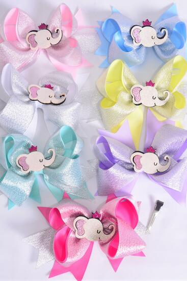 Hair Bow Jumbo Double Layered Metallic Elephant Grosgrain Bow-tie Pastel / 12 pcs Bow = Dozen Alligator Clip , Size - 6" x 5" , 2 White , 2 Pink , 1 Blue , 1 Yellow , 2 Lavender , 2 Hot Pink , 2 Mint Color Asst , Clip Strip & UPC Code