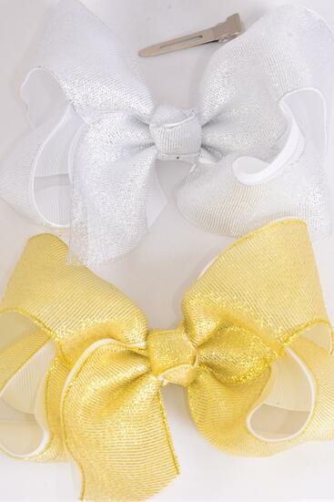 Hair Bow Jumbo Metallic Double Layered G/S Mix Grosgrain Bow-tie / 12 pcs Bow = Dozen Alligator Clp , Size - 6" x 5" Wide , 6 Gold , 6 Silver color Asst , Clip Strip & UPC Code