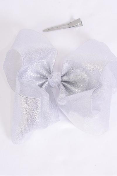 Hair Bow Extra Jumbo Cheer Type Bow Metallic Silver / 12 pcs Bow = Dozen Silver , Christmas , Alligator Clip , Size - 8" x 7" Wide , Clip Strip & UPC Code