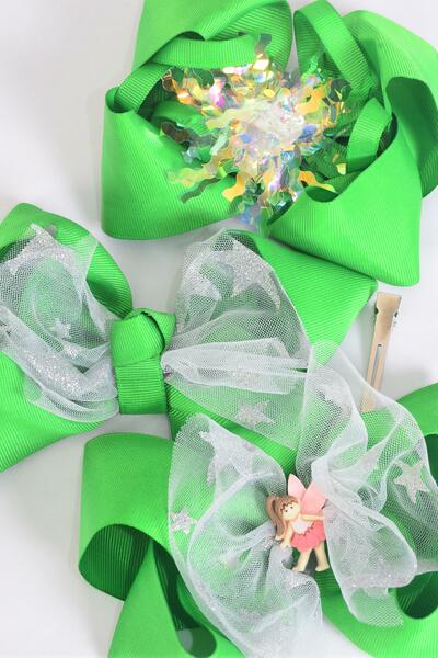 Hair Bow Jumbo Iridescent Mesh Metallic Stars Fairy Mix Grosgrain Bow-tie Green / 12 pcs Bow = Dozen Green , Alligator Clip , Size - 6" x 5" Wide , 4 of each Pattern Asst , Clip Strip & UPC Code