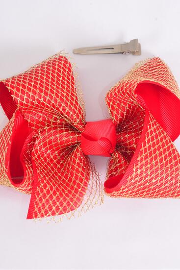 Hair Bow Jumbo Double Layered Gold Mesh Grosgrain Bow-tie Red / 12 pcs Bow = Dozen  Red , Alligator Clip , Size - 6" x 5" Wide , Clip Strip & UPC Code