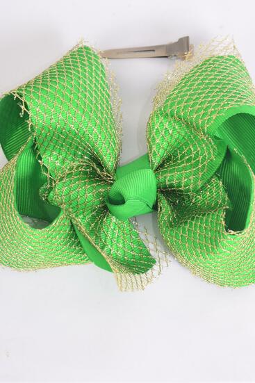 Hair Bow Jumbo Double Layered Gold Mesh Grosgrain Bow-tie Green / 12 pcs Bow = Dozen Green , Alligator Clip , Size - 6" x 5" Wide , Clip Strip & UPC Code