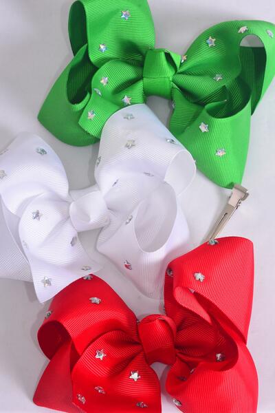 Hair Bow Jumbo Studded Iridescent Stars Grosgrain Bow-tie / 12 pcs Bow = Dozen Christmas , Alligator Clip , Size - 6" x 5" Wide , 4 of each Pattern Asst , Clip Strip & UPC Code