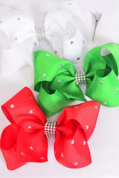 Hair Bow Jumbo Silver Star Studded Grosgrain Bow-tie Red White Green Mix / 12 pcs Bow = Dozen Christmas , Alligator Clip , Size - 6"x 5" Wide , 4 of each Pattern Asst , Clip Strip & UPC Code