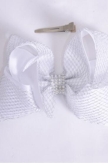 Hair Bow Jumbo Double Layered Silver Mesh Grosgrain Bow-tie White / 12 pcs Bow = Dozen  White , Alligator Clip , Size - 6" x 5" Wide , Clip Strip & UPC Code