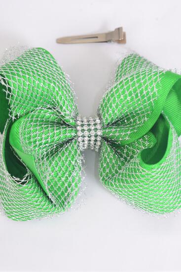 Hair Bow Jumbo Double Layered Silver Mesh Grosgrain Bow-tie Green / 12 pcs Bow = Dozen Green , Alligator Clip , Size - 6" x 5" Wide , Clip Strip & UPC Code