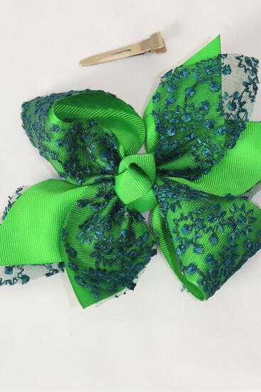 Hair Bow Jumbo Double Layered Embroidery Lace Grosgrain Bow-tie Green / 12 pcs Bow = Dozen Green , Alligator Clip, Bow - 6" x 5" Wide, Clip Strip & UPC Code