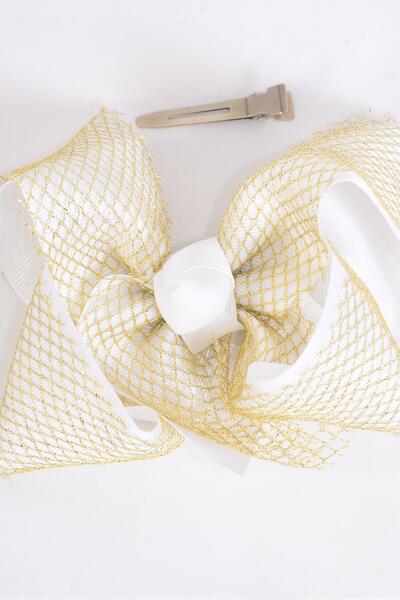 Hair Bow Jumbo Double Layered Gold Mesh Grosgrain Bow-tie White / 12 pcs Bow = Dozen  White , Alligator Clip , Size - 6" x 5" Wide , Clip Strip & UPC Code