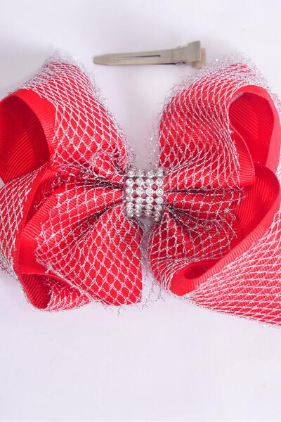 Hair Bow Jumbo Double Layered Silver Mesh Grosgrain Bow-tie Red / 12 pcs Bow = Dozen Red , Alligator Clip ,  Size - 6" x 5" Wide , Clip Strip & UPC Code