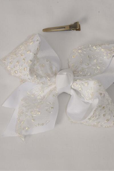 Hair Bow Jumbo Double Layered Embroidery Lace Grosgrain Bow-tie White / 12 pcs Bow = Dozen White , Alligator Clip , Bow - 6" x 5" Wide , Clip Strip & UPC Code