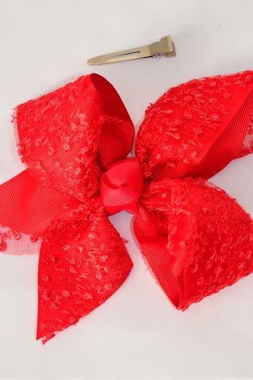 Hair Bow Jumbo Double Layered Embroidery Lace Grosgrain Bow-tie Red / 12 pcs Bow = Dozen Red , Alligator Clip , Bow - 6" x 5" Wide , Clip Strip & UPC Code