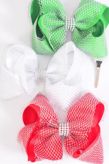 Hair Bow Jumbo Double Layered Silver Mesh Grosgrain Bow-tie Red White Green Mix / 12 pcs Bow = Dozen Christmas , Alligator Clip , Size - 6" x 5" Wide , 4 Red , 4 White , 4 Green Color Asst , Clip Strip & UPC Code