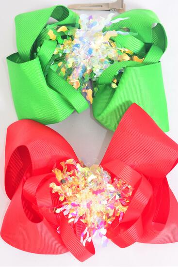 Hair Bow Jumbo Iridescent Grosgrain Bow-tie/ 12 pcs Bow = Dozen  Christmas , Alligator Clip , Size - 6" x 5" Wide , 6 of each Pattern Asst , Clip Strip & UPC Code