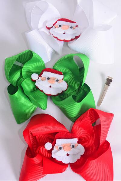 Hair Bow Jumbo Christmas Santa Charm Red White Green Mix Grosgrain Bow-tie / 12 pcs Bow = Dozen Santa , Alligator Clip , Size - 6" x 5" Wide , 4 of each Pattern Asst , Clip Strip & UPC Code