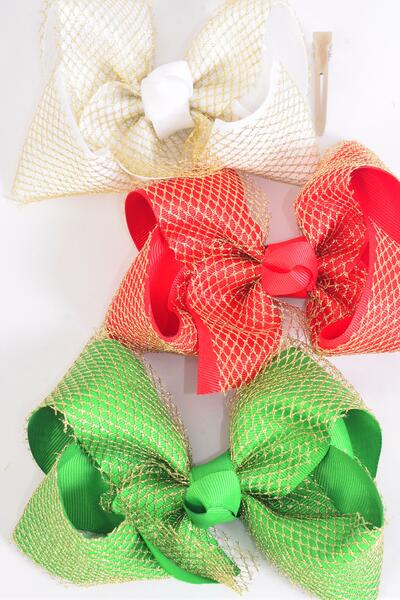 Hair Bow Jumbo Double Layered Gold Mesh Grosgrain Bow-tie Red White Green Mix / 12 pcs Bow = Dozen Christmas , Alligator Clip , Size - 6" x 5" Wide , 4 Red , 4 White , 4 Green Color Asst , Clip Strip & UPC Code