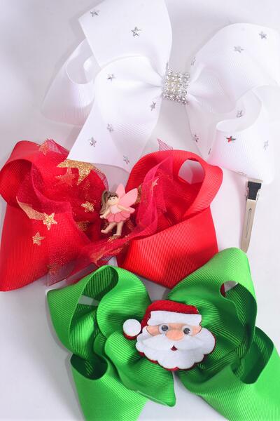 Hair Bow Jumbo Christmas Fairy Santa Star Mix Charm Grosgrain Bow-tie / 12 pcs = Dozen Christmas , Alligator Clip , Size - 6" x 5" Wide , 4 of each Pattern Asst , Clip Strip & UPC Code