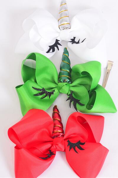 Hair Bow Jumbo Christmas Unicorn Metallic Grosgrain Bow-tie / 12 pcs Bow = Dozen  Christmas , Bow Size - 6" x 5" , Alligator Clip , 4 of each Pattern Asst , Clip Strip & UPC Code