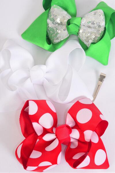 Hair Bow Jumbo Christmas Bow-tie Red White Green Mix Grosgrain Bow-tie / 12 pcs Bow = Dozen Alligator Clip , Size - 6" x 5" Wide , 4 of each Pattern Asst , Clip Strip & UPC Code