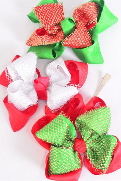 Hair Bow Jumbo Christmas Double Layered Bow Gold Mesh Grosgrain Bow-tie Red White Green Mix / 12 pcs Bow = Dozen Alligator Clip , Size - 6" x 5" Wide , 4 Of Each Pattern Asst , Clip Strip & UPC Code