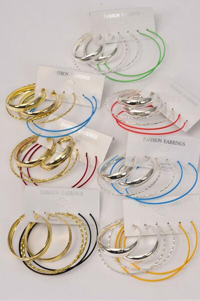 Earrings 3 Pair Metal Hoop Mix Design and Sizes Multi / 36 pair = Dozen Post , Hoop - 1.75" , 2.25" , 2.5" Size Mix , 2 of each Color Asst , Earring Card & OPP bag & UPC Code , 3 pair per card,12 card = DZ