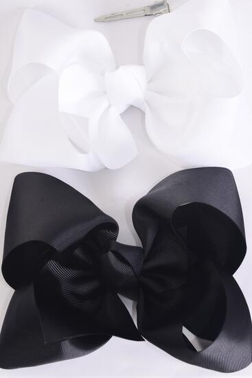 Hair Bow Extra Jumbo Cheer Type Bow Black White Mix Grosgrain Bow-tie / 12 pcs Bow = Dozen  Alligator Clip , Size - 8" x 7" Wide , 6 White , 6 Black Mix , Clip Strip & UPC Code