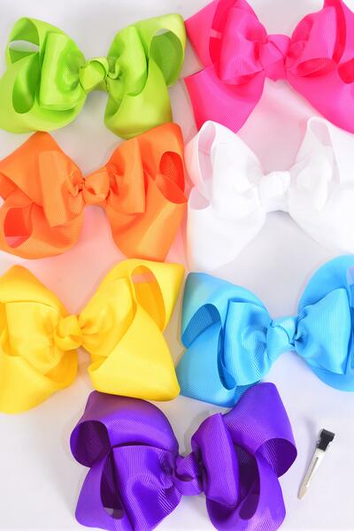 Hair Bow Jumbo Double Layered Citrus Grosgrain Bow-tie / 12 pcs Bow = Dozen  Alligator Clip , Size - 6" x 5" Wide , 2 Fuchsia , 2 Blue , 2 Yellow , 2 Purple , 2 White , 1 Lime , 1 Orange Color Mix , Clip Strip & UPC Code