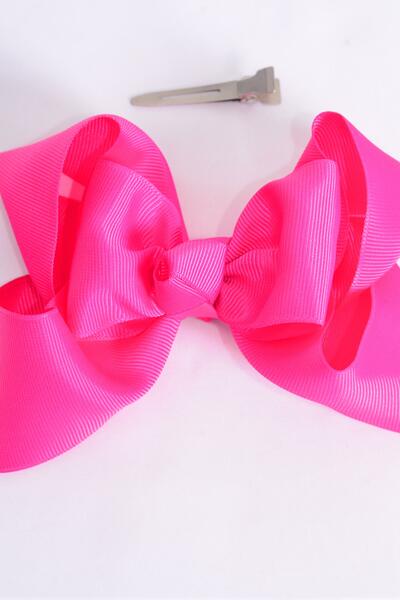 Hair Bow Jumbo Double Layered Fuchsia Grosgrain Bow-tie / 12 pcs Bow = Dozen  Fuchsia , Alligator Clip , Size - 6" x 5" Wide , Clip Strip & UPC Code