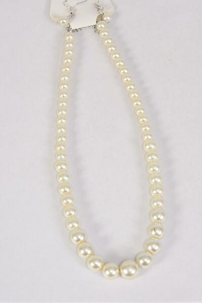 Necklace Sets Graduated From 14 mm Glass Pearls Cream Pearl /  12 pcs = Dozen Beige or Cream , Size - 20"  , Hang Tag & Opp Bag & UPC Code