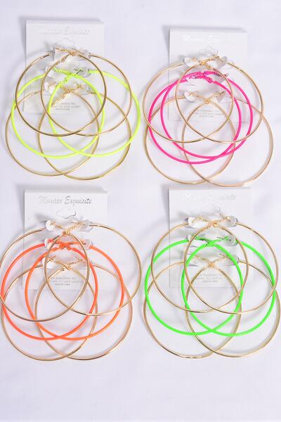 Earrings 3 Pair Hoop Gold Metal Neon Color Mix / 36 pair = Dozen Post , Hoop Size - 2.5" Wide , 3 of each Color Asst , Earring Card & UPC Code , 3 Pair Per Card ,12 Card = Dozen