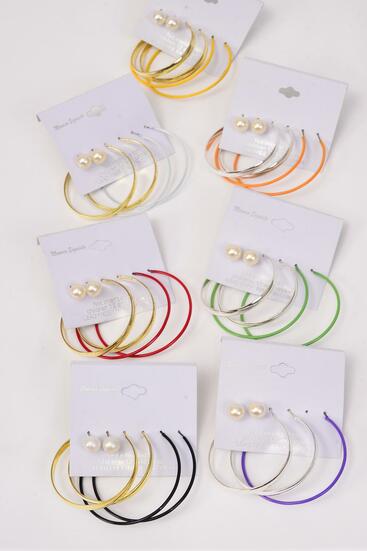 Earrings 3 pair Pearl Stud Metal Hoop Mix Multi / 36 pair = Dozen  Post , Loop Size - 1.75" & 2.25" Wide , 10 mm Pearl , 6 Gold & 6 Silver Mix , 2 of each Color Asst , Earring Card & OPP Bag & UPC Code