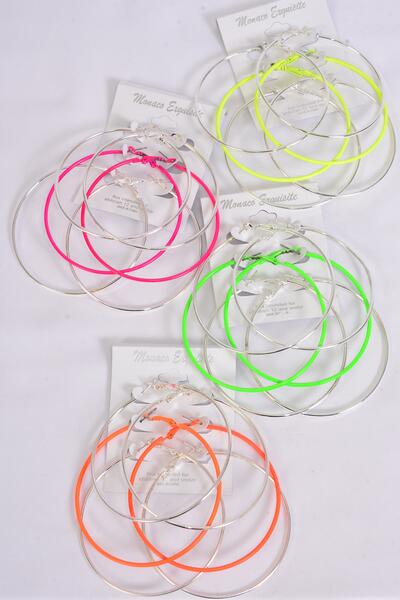 Earrings 3 Pair Hoop Silver Metal Neon Color Mix / 36 pair = Dozen Post , Hoop Size - 2.75" Wide , 3 of each Color Asst , Earring Card & UPC Code , 3 Pair Per Card ,12 Card = Dozen