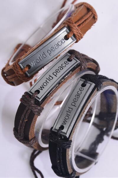 Bracelet Real Leather Band World Peace / 12 pcs = Dozen Unisex , Adjustable , 4 of each Pattern Mix , Hang tag & OPP Bag & UPC Code