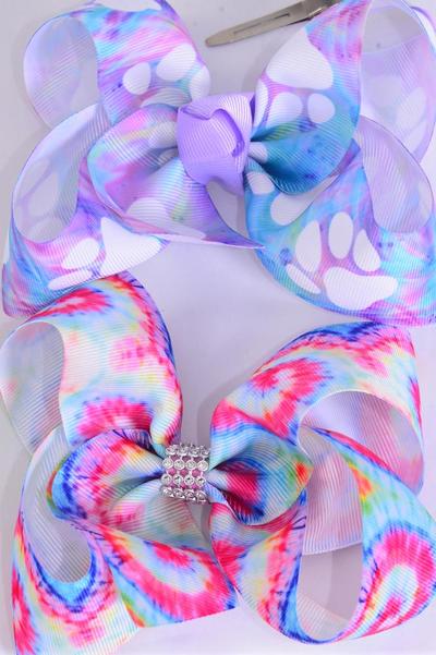 Hair Bow Jumbo Paw Print Gradient Tiedye Mix Grosgrain Bow-tie / 12 pcs Bow = Dozen  Alligator Clip , Size - 6" x 5" Wide , 6 Of Each Pattern Asst , Clip Strip & UPC Code