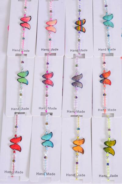 Bracelet Enamel Silver Glitter Butterfly Glass Crystal Iridescent Multi / 12 pcs = Dozen  Pull-String , Adjustable , 12 Pattern Mix , Individual Hang Tag & OPP Bag & UPC Code