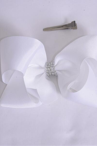 Hair Bow Jumbo Center Clear Stones White Grosgrain Bow-tie / 12 pcs Bow = Dozen White , Alligator Clip , Bow - 6" x 5" Wide , Clip Strip & UPC Code