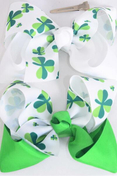 Hair Bow Jumbo Shamrock 2 Tone Grosgrain Bow-tie Shamrock / 12 pcs Bow = Dozen Alligator Clip , Size - 6" x 5" Wide , 6 of each Pattern Asst , Clip Strip & UPC Code