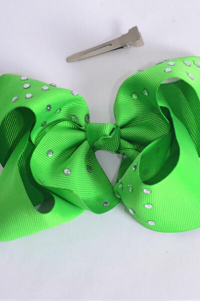 Hair Bow Jumbo Clear Stone Studded Grosgrain Bow-tie Green / 12 pcs Bow = Dozen Green , Alligator Clip , Size - 6" x 5" Wide , Clip Strip & UPC Code