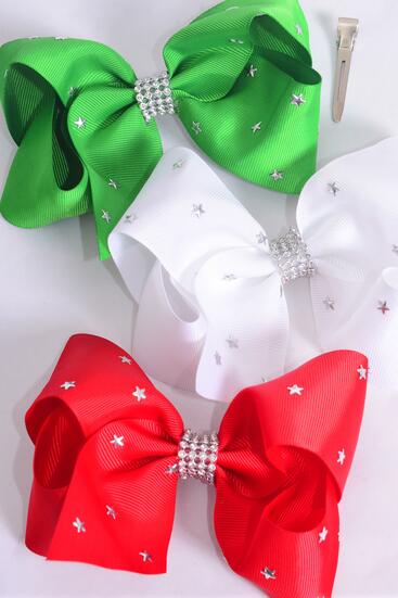 Hair Bow Jumbo Silver Star Studded Grosgrain Bow-tie Red White Green Mix / 12 pcs Bow = Dozen Star , Alligator Clip , Size - 6" x 5" Wide , 4 of each Pattern Asst , Clip Strip & UPC Code