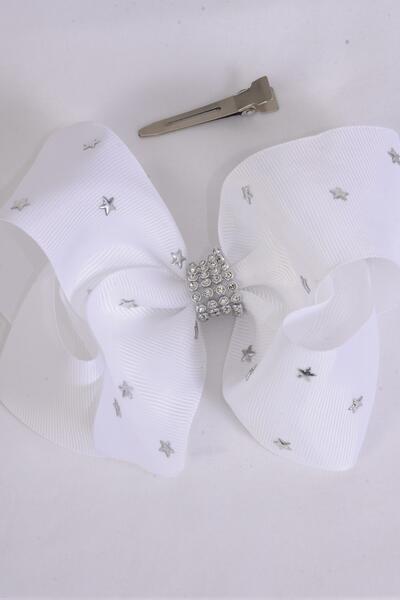 Hair Bow Jumbo Studded Silver Star Grosgrain Bow-tie White / 12 pcs Bow = Dozen White , Alligator Clip , Bow - 6" x 5" Wide , Clip Strip & UPC Code