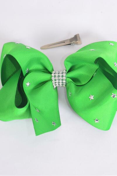 Hair Bow Jumbo Studded Silver Star Grosgrain Bow-tie Green / 12 pcs Bow = Dozen  Green , Alligator Clip , Bow - 6" x 5" Wide , Clip Strip & UPC Code