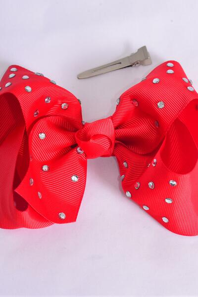 Hair Bow Jumbo Clear Stone Studded Grosgrain Bow-tie Red / 12 pcs Bow = Dozen Red , Alligator Clip , Size - 6" x 5" Wide , Clip Strip & UPC Code