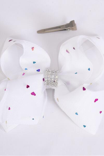 Hair Bow Jumbo Double Layer Mesh Metallic Heart Grosgrain Bow-tie White / 12 pcs Bow = Dozen White , Alligator Clip , Size - 6" x 5" Wide , Clip Strip & UPC Code