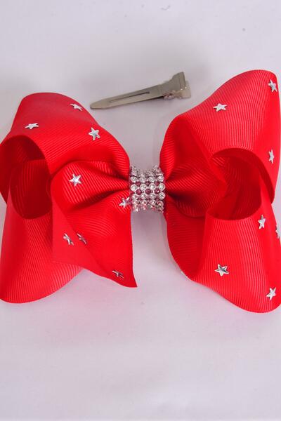 Hair Bow Jumbo Studded Silver Star Grosgrain Bow-tie Red / 12 pcs Bow = Dozen  Red , Alligator Clip , Bow - 6" x 5" Wide , Clip Strip & UPC Code