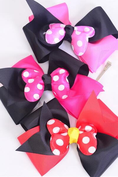 Hair Bow Extra Jumbo Cheer Type Bow Double Layered Polka dot Grosgrain Bow-tie Pink Mix / 12 pcs Bow = Dozen Alligator Clip, Size - 7" x 6" Wide , 4 of each Pattern Asst , Clip Strip & UPC Code