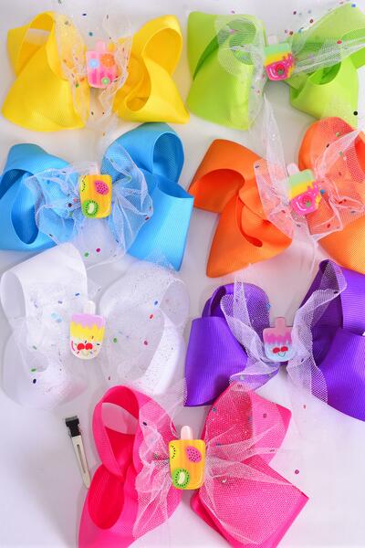 Hair Bow Jumbo mesh dots Popcicle Charm Grosgrain Bow-tie Citrus / 12 pcs Bow = Dozen Alligator Clip , Size - 6" x 5" Wide , 2 Fuchsia , 2 Blue , 2 Yellow , 2 Purple , 2 White , 1 Lime , 1 Orange Color Mix , Clip Strip & UPC Code